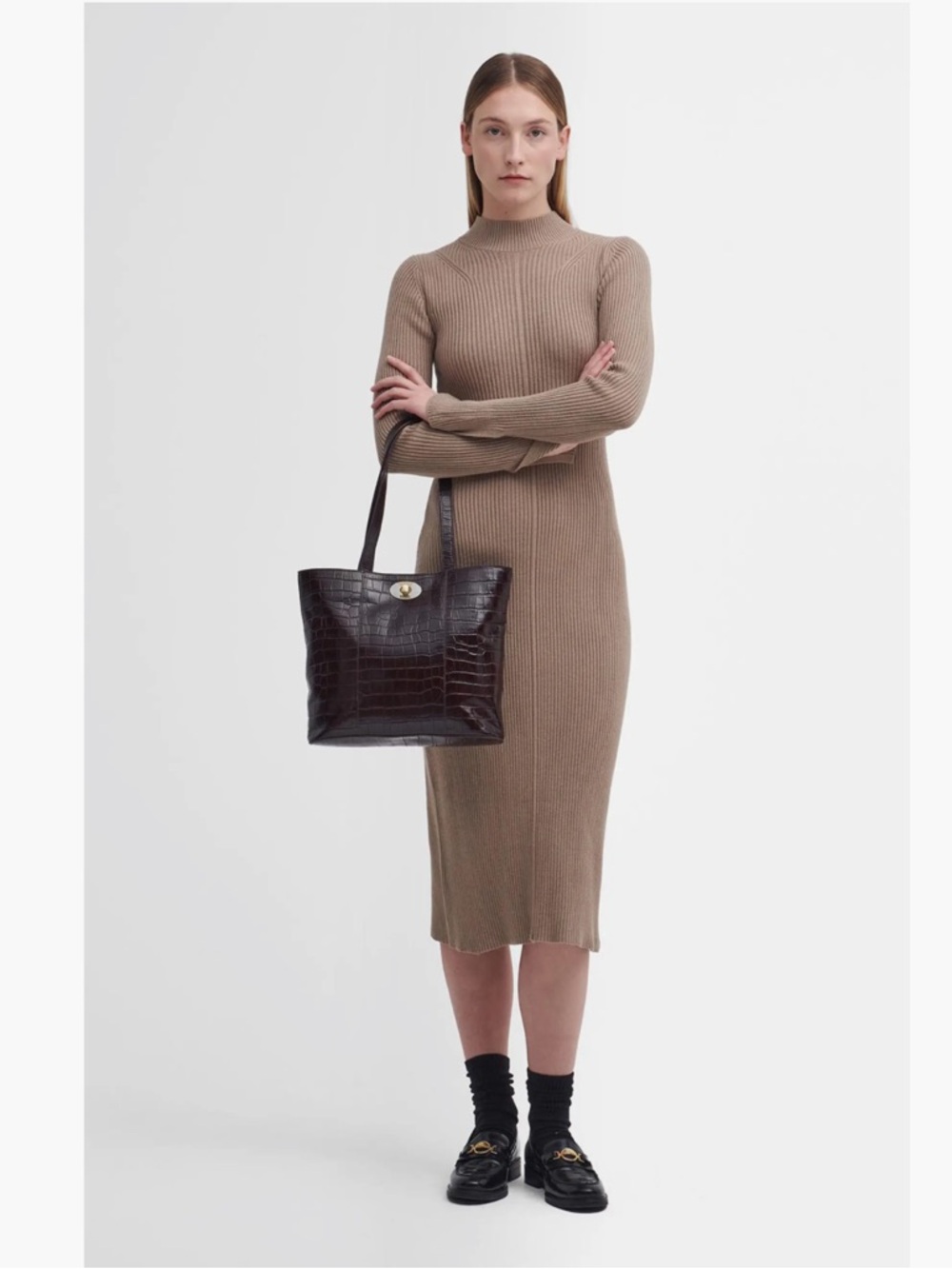 Barbour Francis Long Sleeve Rib Midi Dress Honey Brown Size 10 Business Casual